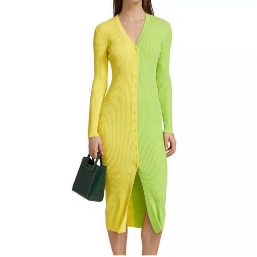 Staud Shoko Colorblocked Midi Dress in Multicolor lime ribbed knit maximalist